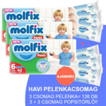 Molfix Havi pelenkacsomag Pants, 3+3 csomag sensitive popsitörlővel! (6-os) 15+ kg