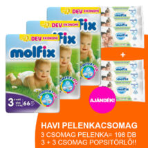 Molfix Havi pelenkacsomag 3+3 csomag zöld popsitörlővel! (3+-os) 5 - 10 kg