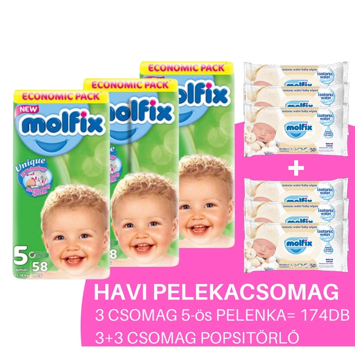 Molfix Havi pelenkacsomag Gigapack, 3+3 csomag popsitörlővel! (5-ös) 11 - 18 kg
