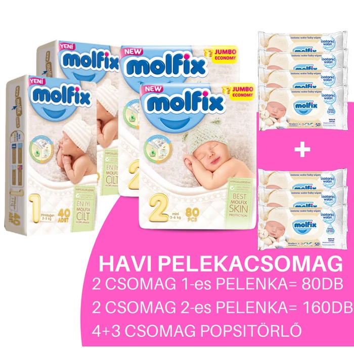 Molfix Havi pelenkacsomag 4+3 csomag popsitörlővel! (1-es) 2 - 5 kg