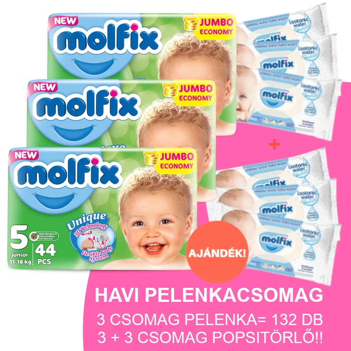 Molfix Havi pelenkacsomag 3+3 csomag sensitive popsitörlővel! (5-ös) 11 - 18 kg