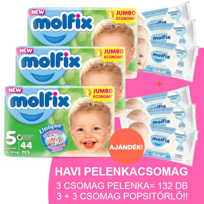 Molfix Havi pelenkacsomag 3+3 csomag sensitive popsitörlővel! (5-ös) 11 - 18 kg