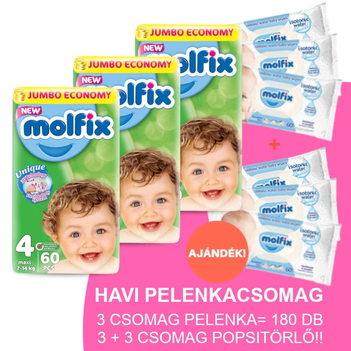 Molfix Havi pelenkacsomag 3+3 csomag sensitive popsitörlővel! (4-es) 7 - 14 kg