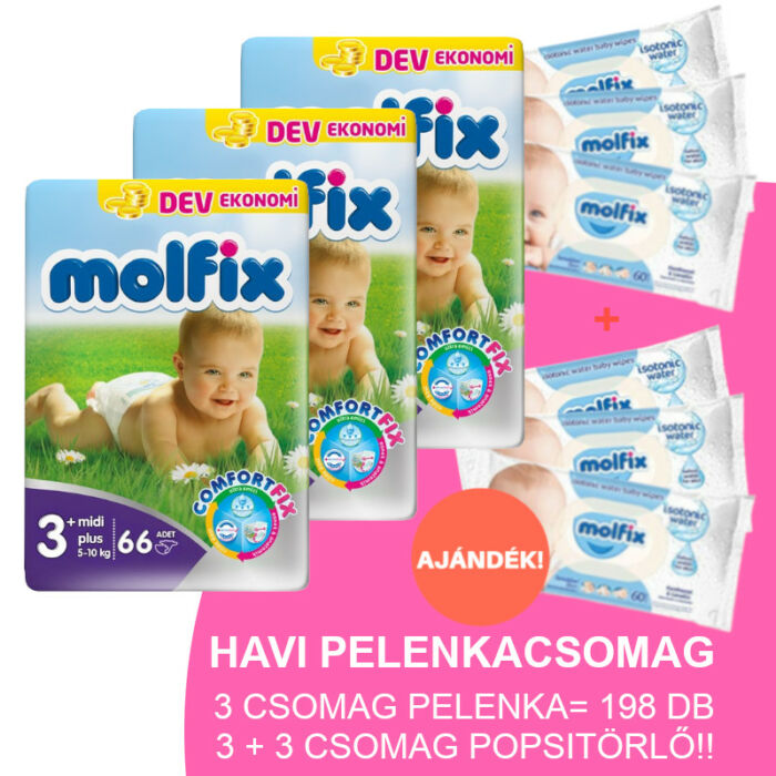 Molfix Havi pelenkacsomag 3+3 csomag sensitive popsitörlővel! (3+-os) 5 - 10 kg