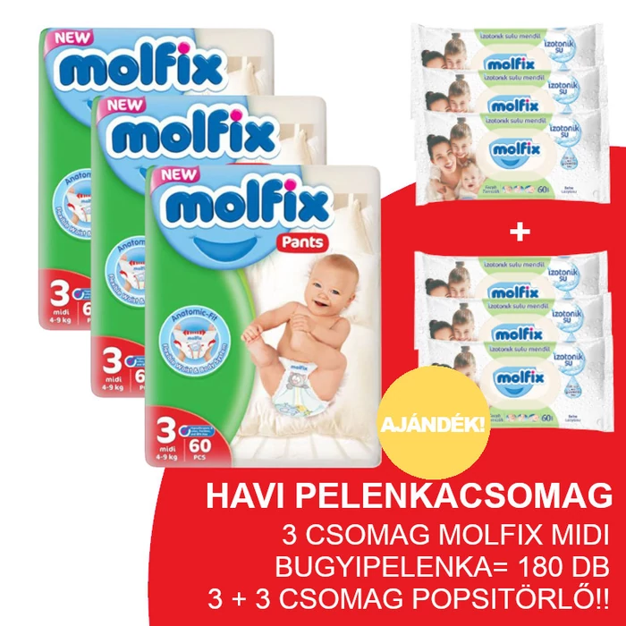 Molfix Havi pelenkacsomag Pants, 3+3 csomag zöld popsitörlővel! (3-as) 6 - 11 kg