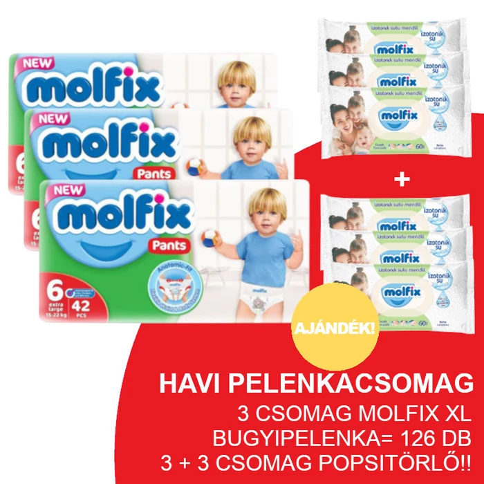 Molfix Havi pelenkacsomag Pants, 3+3 csomag zöld popsitörlővel! (6-os) 15+ kg