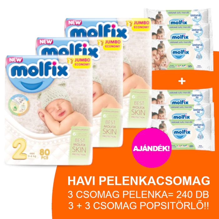 Molfix Havi pelenkacsomag 3+3 csomag zöld popsitörlővel! (2-es) 3 - 6 kg
